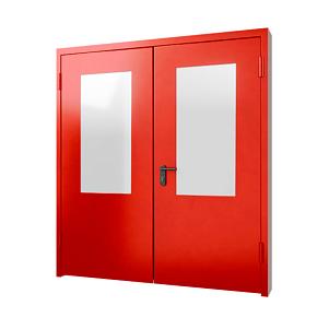 Красная двупольная противопожарная дверь EI-60 с остеклением